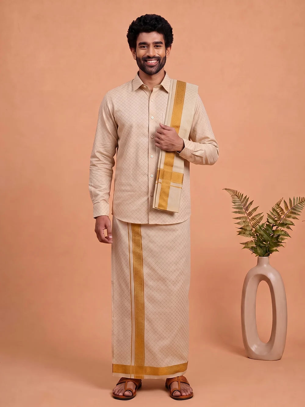 Ramraj Tissue Gold Jacquard Shirt, Dhoti & Towel Set (3x1) | GD13