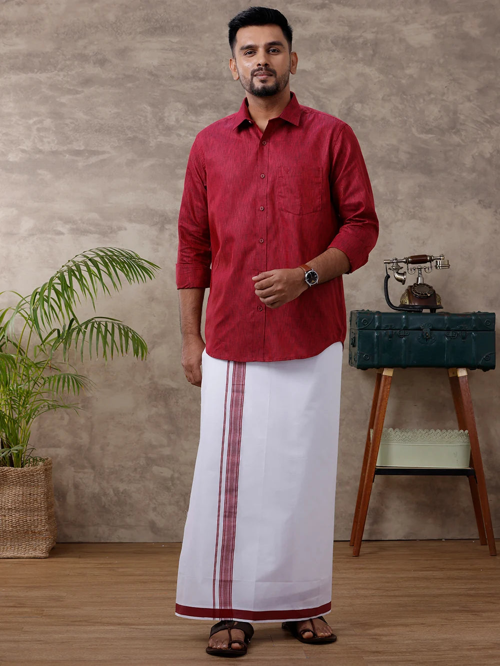 Ramraj Cotton Rich Maroon Shirt with Matching Border Dhoti Set C81