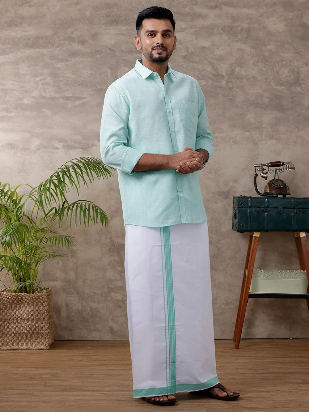 Ramraj Cotton Rich Light Pista Green Shirt with Matching Border Dhoti Set C83