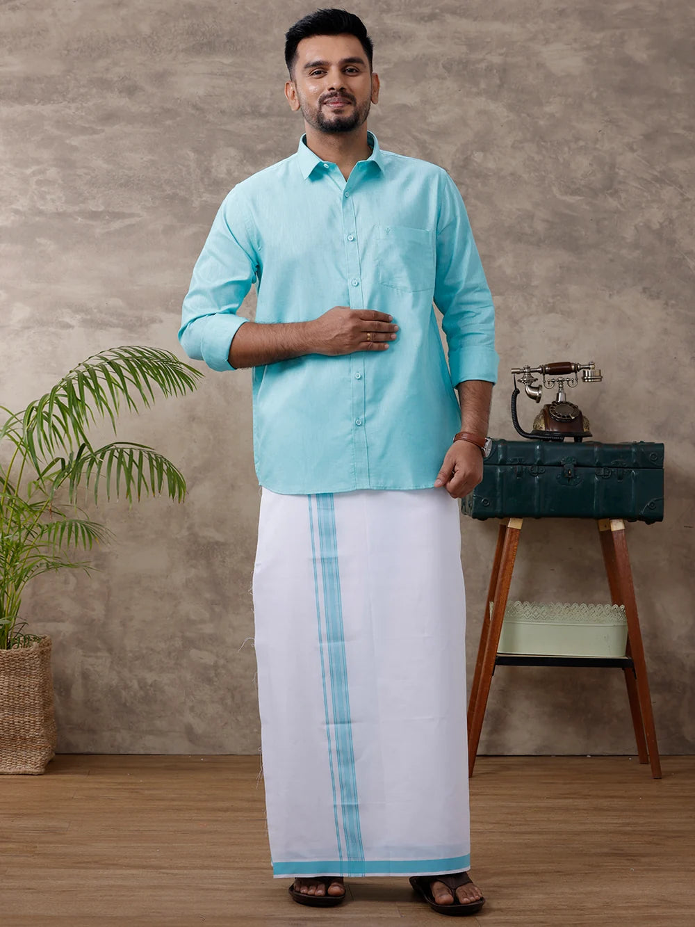 Ramraj Cotton Rich Light Pista Green Shirt with Matching Border Dhoti Set C83