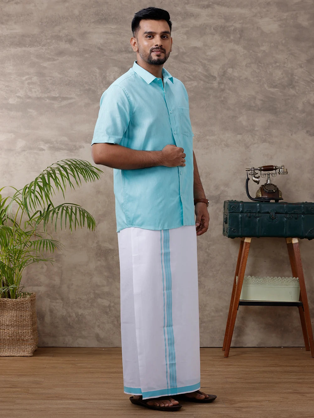 Ramraj Cotton Rich Blue Shirt with Matching Border Dhoti Set C50