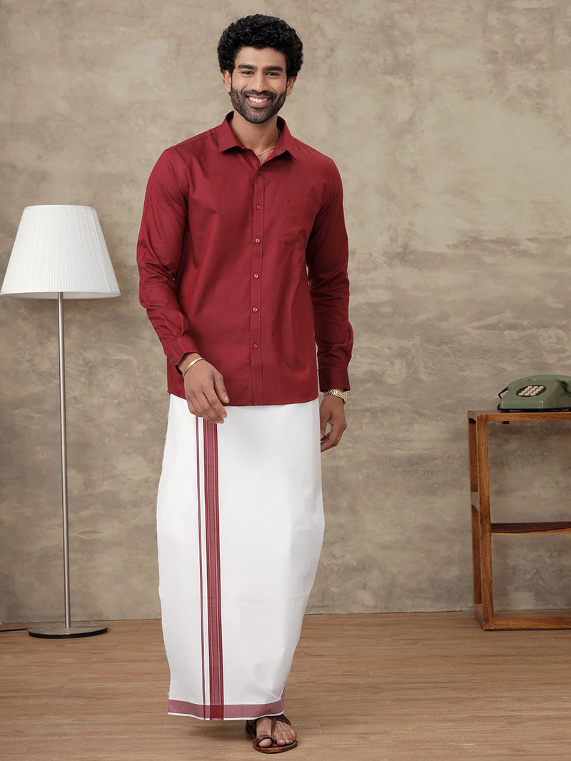 Ramraj Cotton Rich Dark Red Colour Shirt With Matching Border Dhoti Set Evolution ROX6