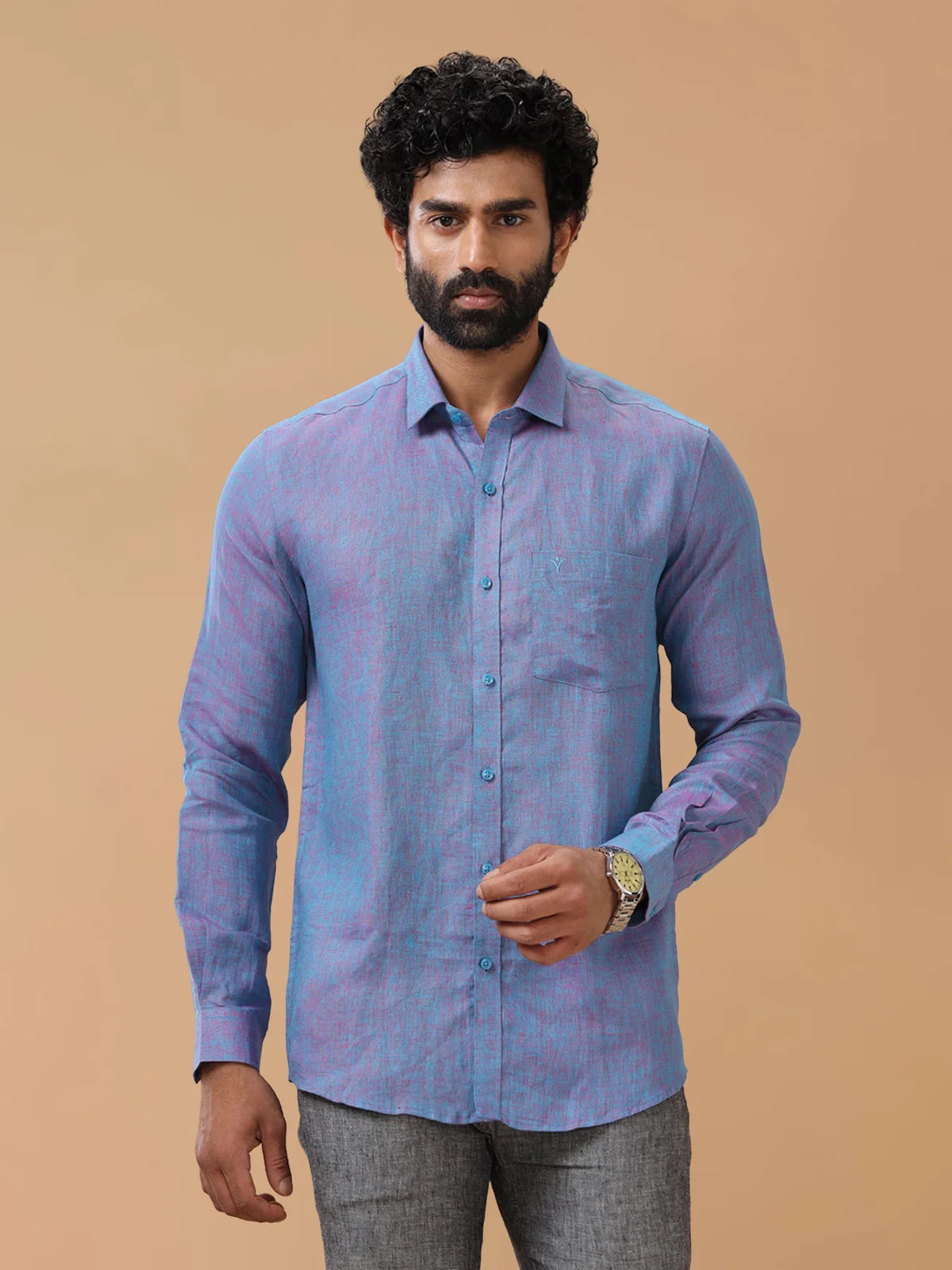 Ramraj Pure Linen Teal Red Smart Fit Shirt L81