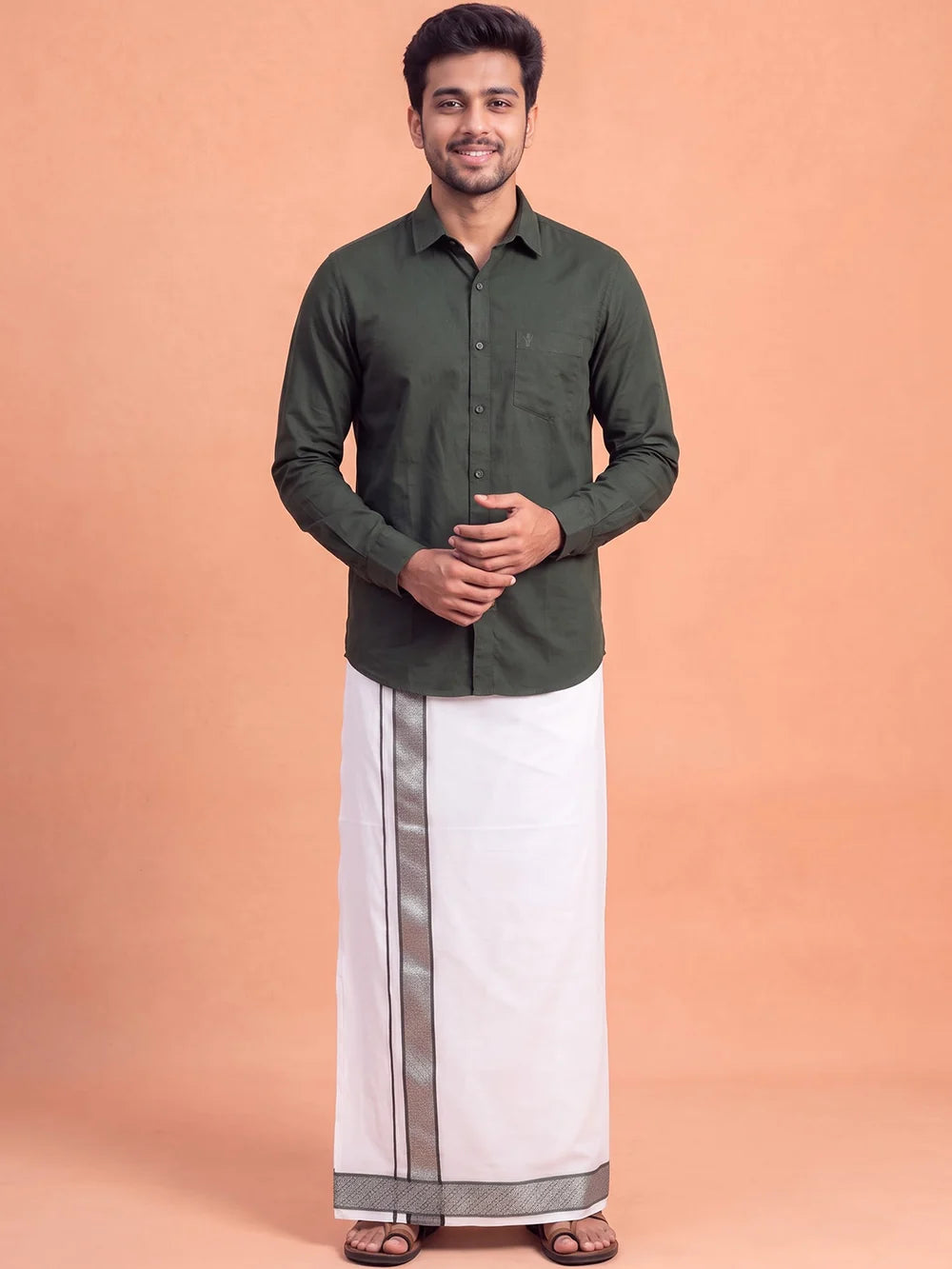 Ramraj Cotton CCB Luxury Dark Green Shirt and Colour Jari Border 4M Dhoti Set BT10