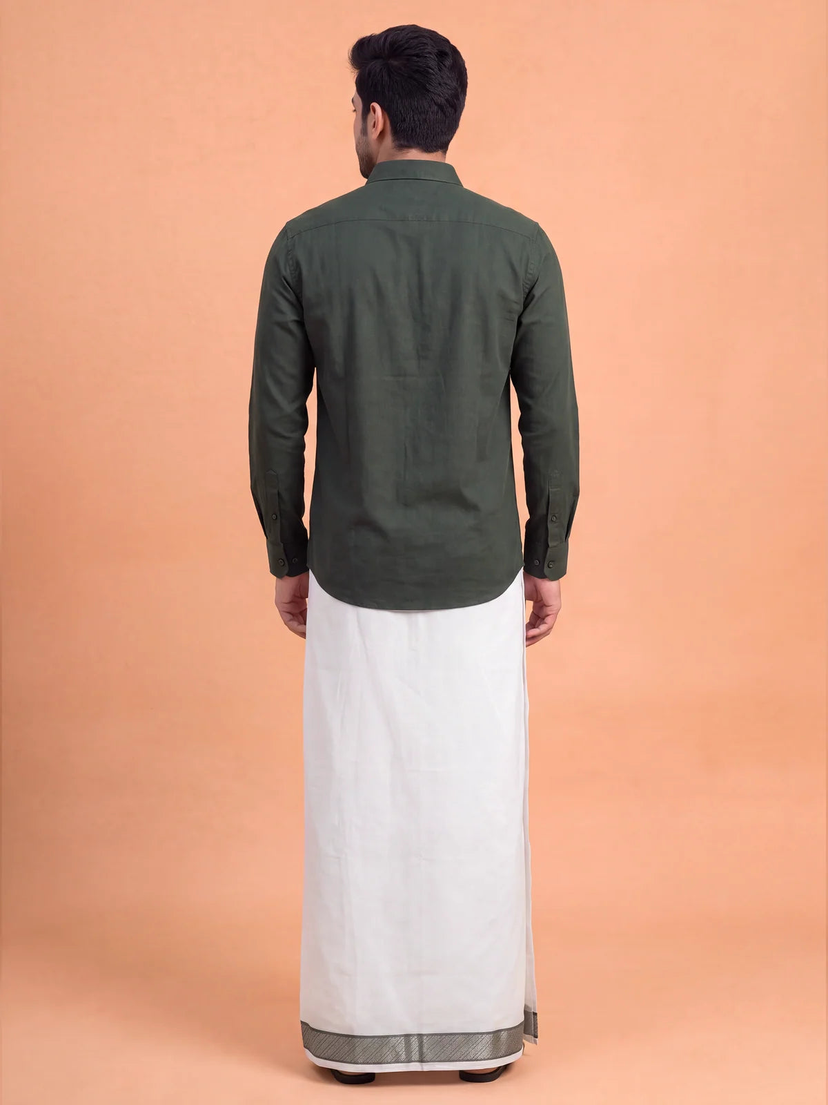 Ramraj Cotton CCB Luxury Dark Green Shirt and Colour Jari Border 4M Dhoti Set BT10