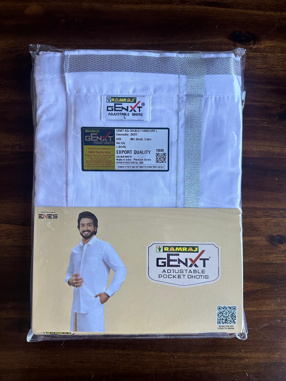 Ramraj Genxt Adjustable Pocket White Dhotis Double Layer Silver Border 11498