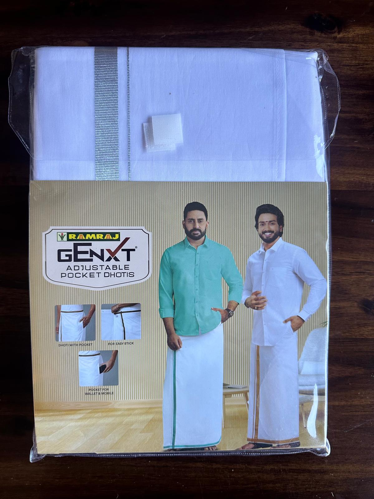 Ramraj Genxt Adjustable Pocket White Dhotis Double Layer Silver Border 11498