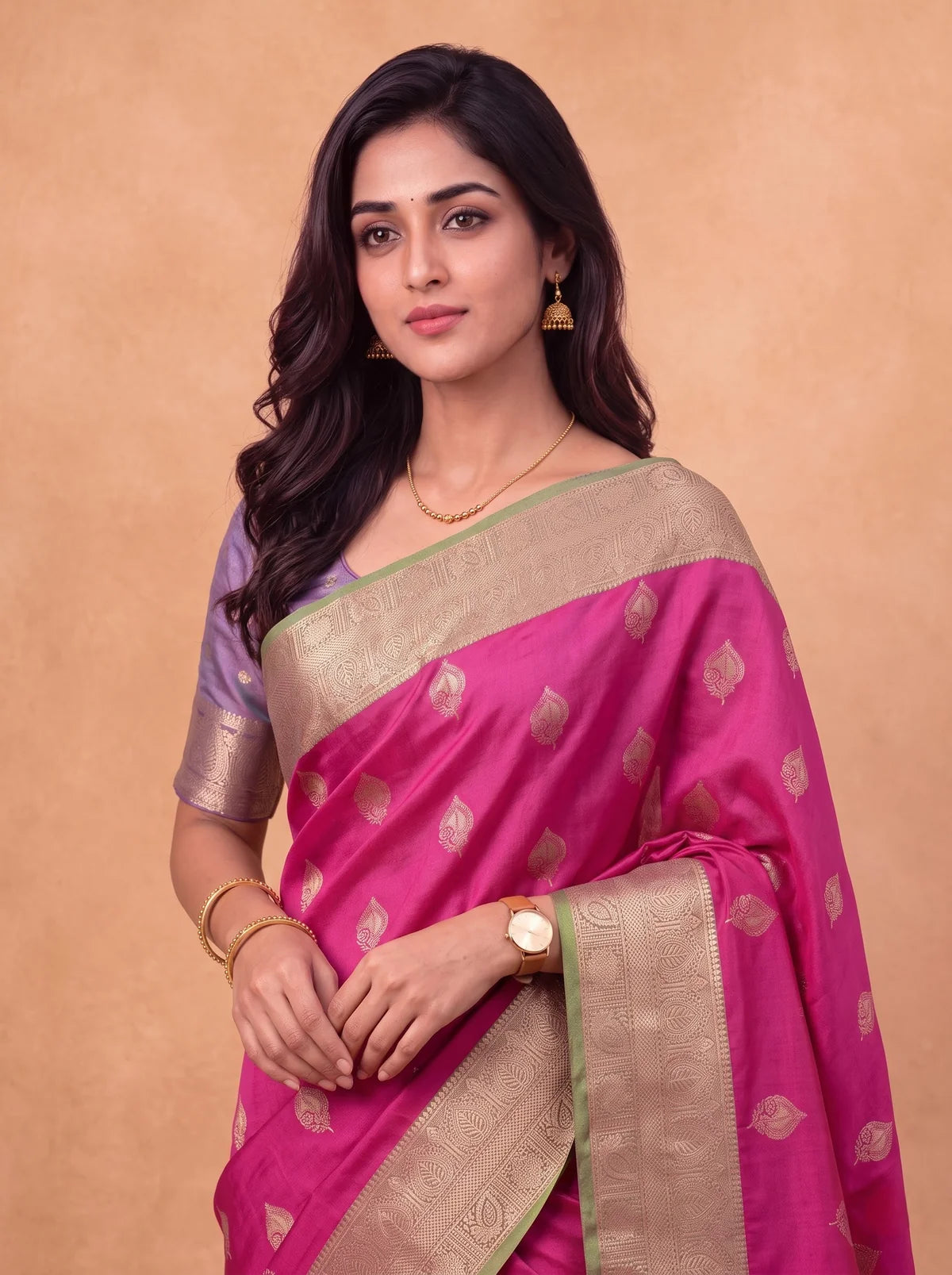 Ramyyam Women Soft Silk Dark Pink With Green Saree SS425