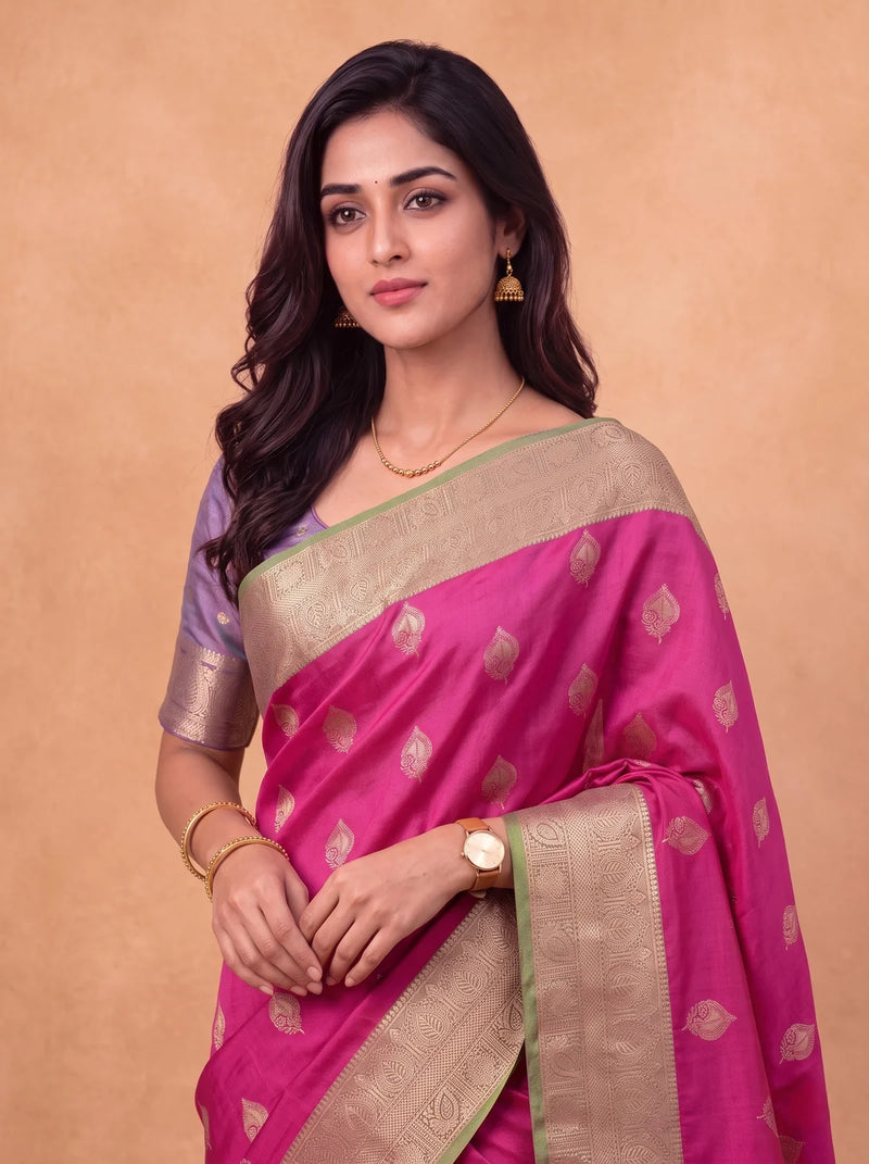 Ramyyam Women Soft Silk Dark Pink With Green Saree SS425