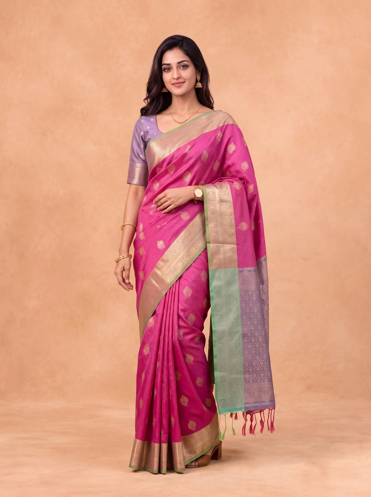 Ramyyam Women Soft Silk Dark Pink With Green Saree SS425