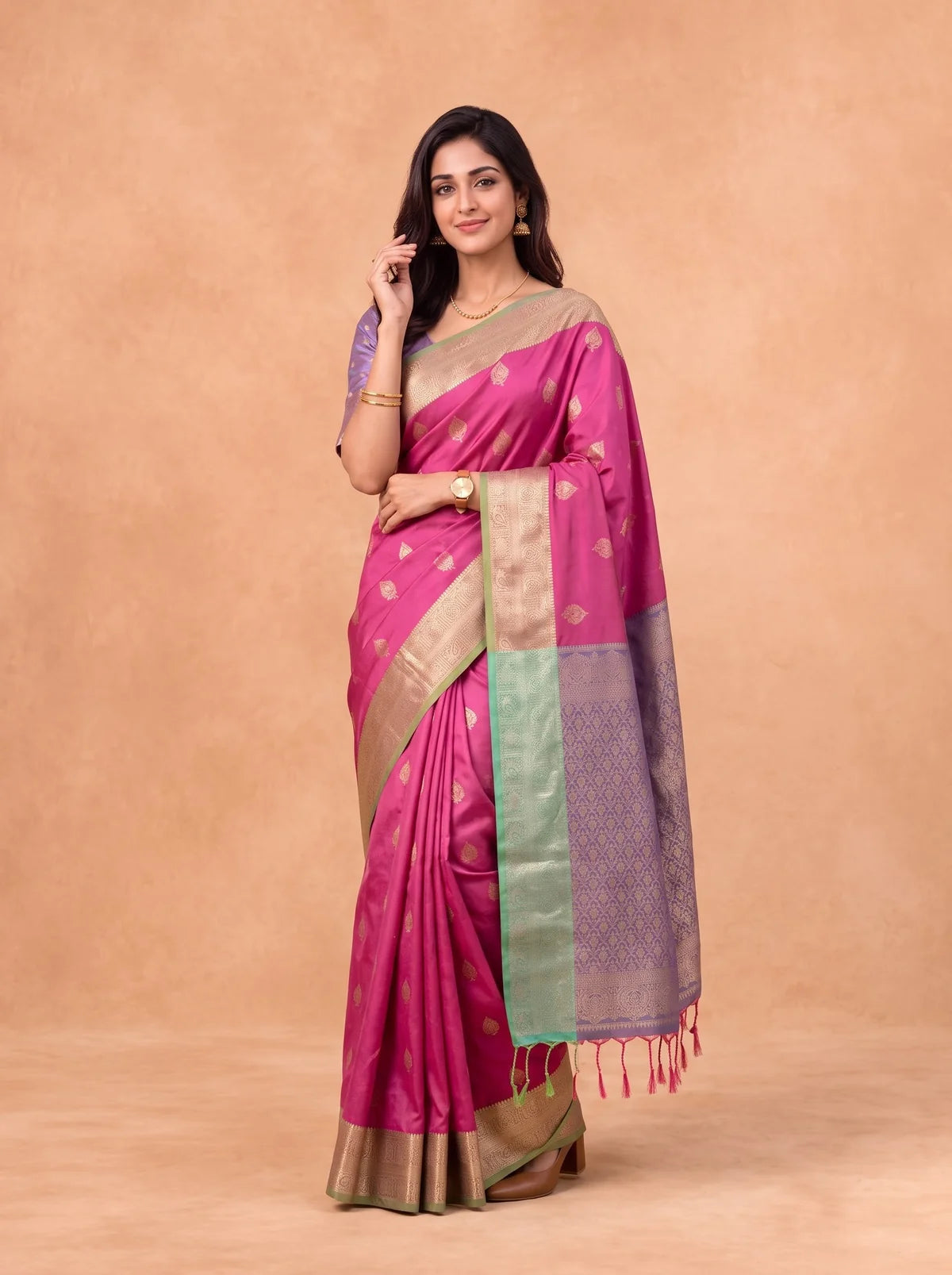 Ramyyam Women Soft Silk Dark Pink With Green Saree SS425