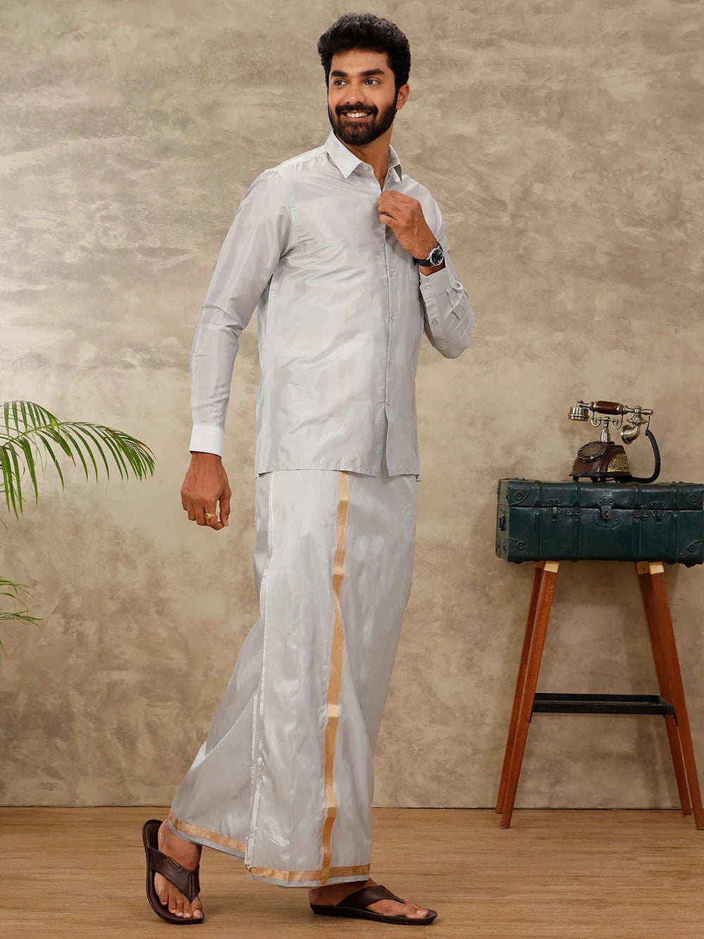 Ramraj Art Silk Silver Grey Shirt with Dhoti & Towel Set