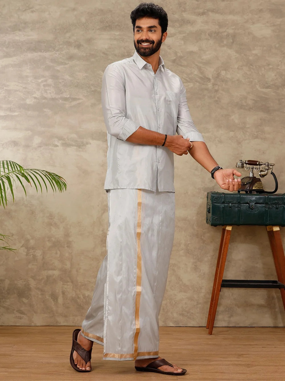 Ramraj Art Silk Silver Grey Shirt with Dhoti & Towel Set