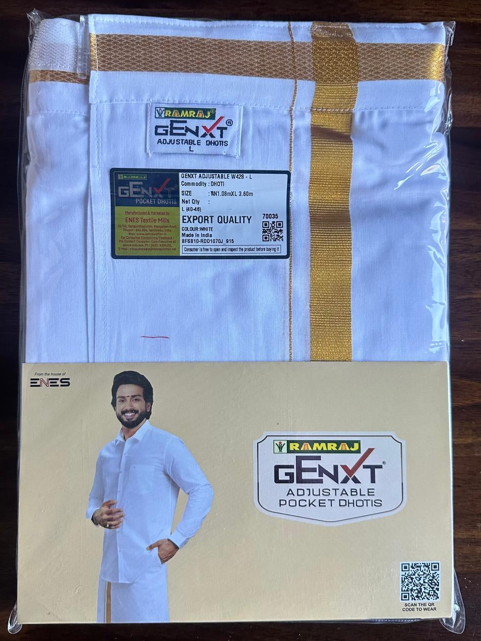 Ramraj Genxt Adjustable Pocket White Dhotis Double Layer Gold Border W428
