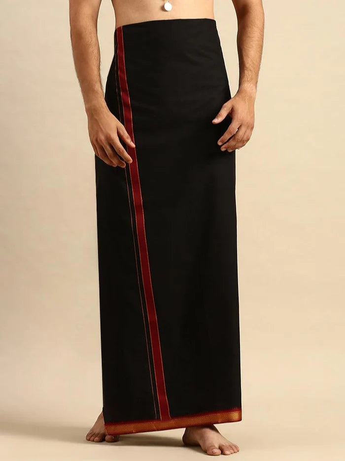 Ramraj Single Layer 100% Cotton Black Dhoti with Mayilkhan Border - Brindhavan