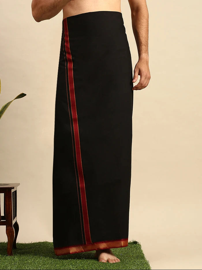 Ramraj Single Layer 100% Cotton Black Dhoti with Mayilkhan Border - Brindhavan