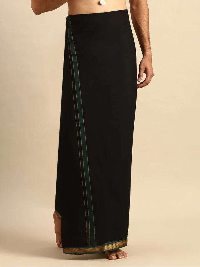 Ramraj Single Layer 100% Cotton Black Dhoti with Mayilkhan Border - Brindhavan