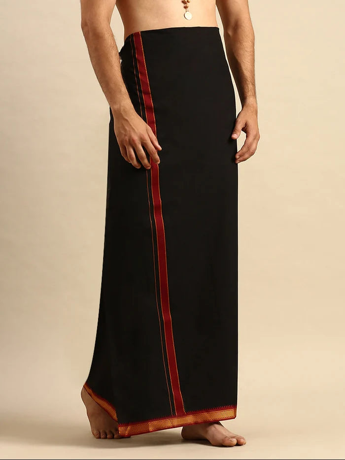 Ramraj Single Layer 100% Cotton Black Dhoti with Mayilkhan Border - Brindhavan