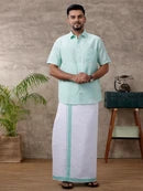 Ramraj Cotton Rich Light Pista Green Shirt with Matching Border Dhoti Set C83