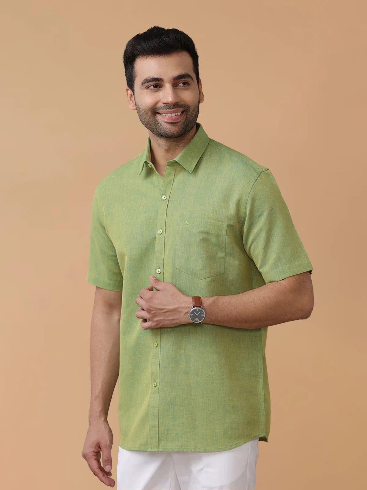 Ramraj Linen Cotton Yellowish Green Regular Fit Shirt LF9