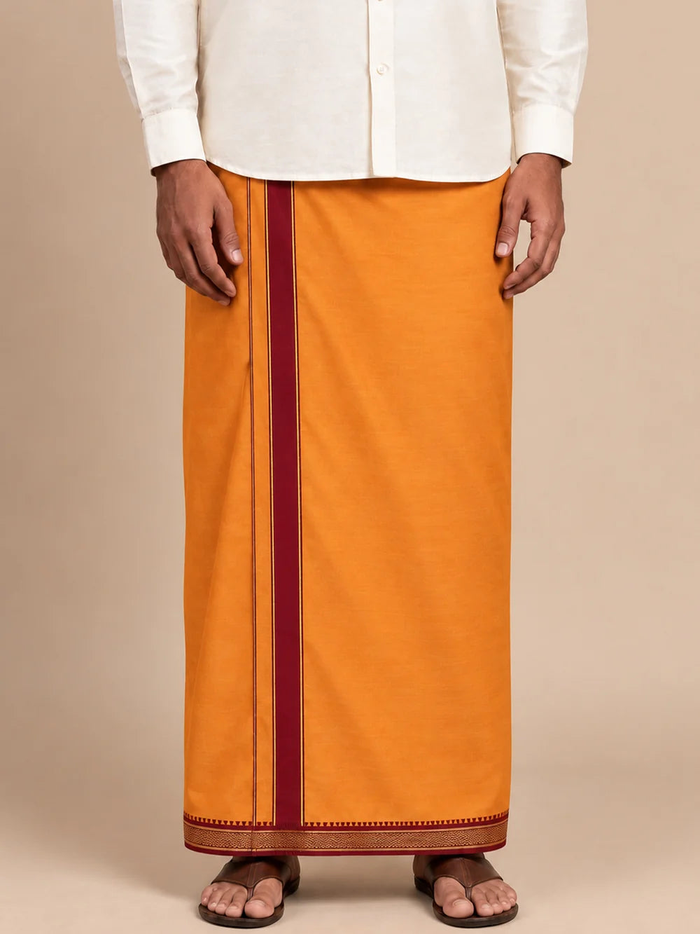 Ramraj Single Layer 100% Cotton Kaavi Dhoti with Mayilkhan Border - Brindhavan
