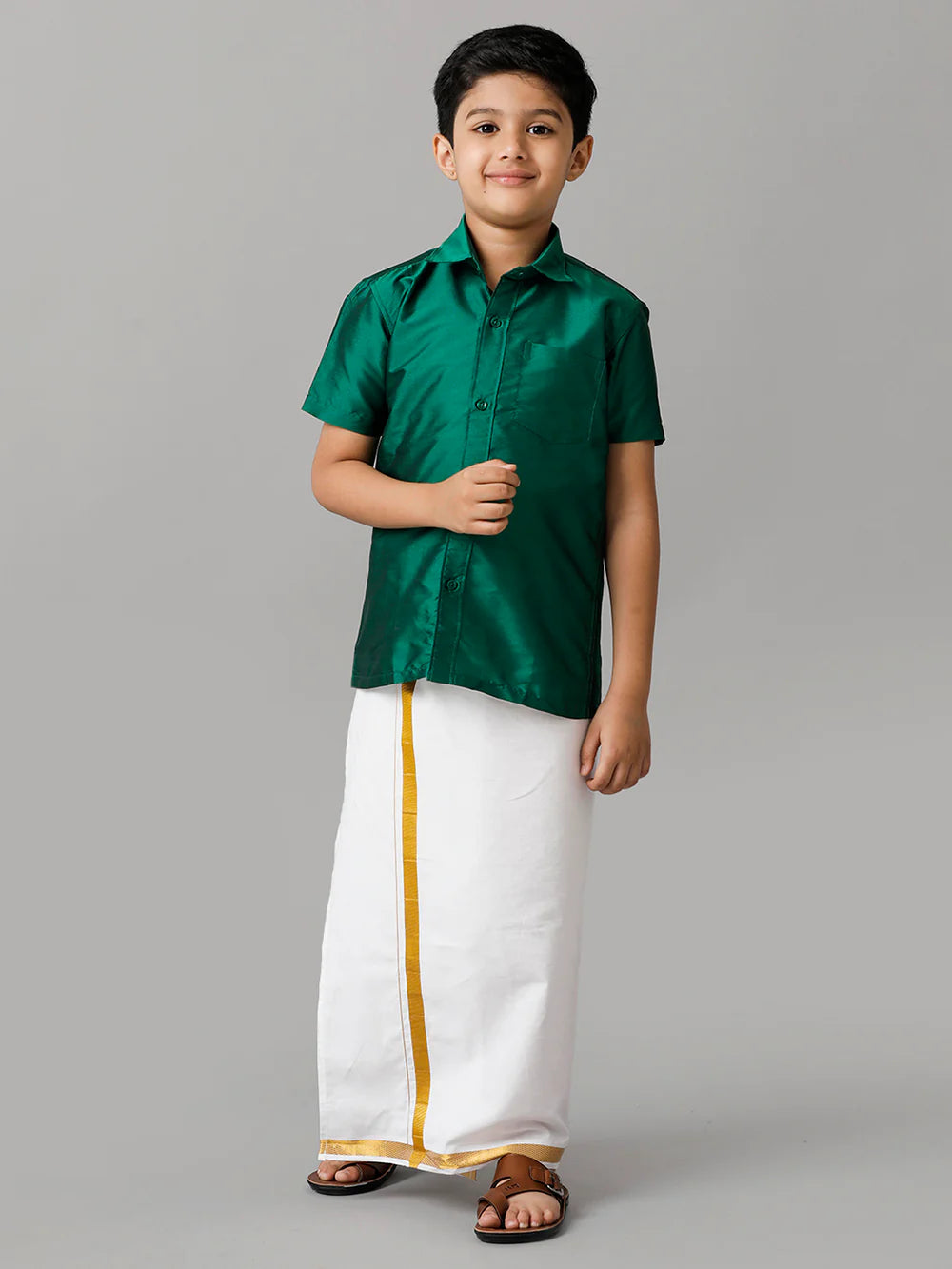 Ramraj Boys Green Half Sleeves Shirt with White Dhoti Combo K9
