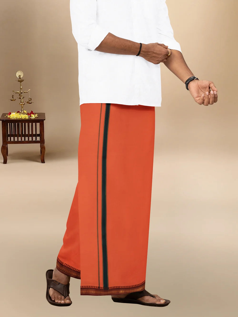 Ramraj Single Layer 100% Cotton Orange 4 Way Dhoti with Mayilkhan Border - Slokam