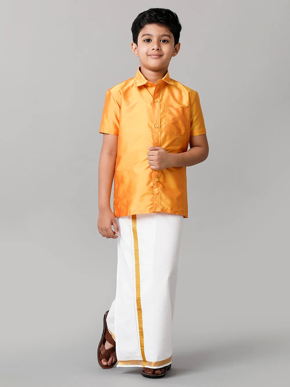 Ramraj Boys Yellow Half Sleeves Shirt with White Dhoti Combo K6