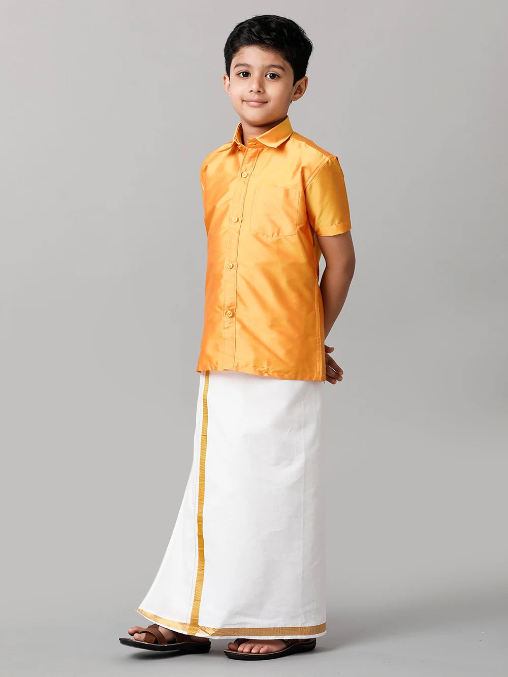 Ramraj Boys Yellow Half Sleeves Shirt with White Dhoti Combo K6