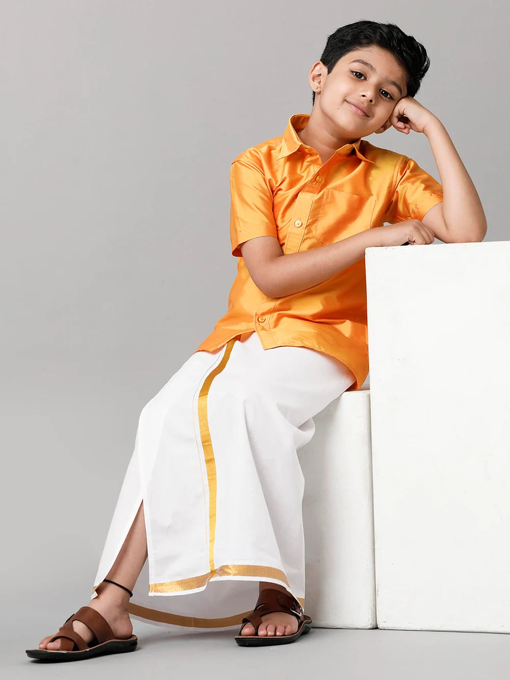 Ramraj Boys Yellow Half Sleeves Shirt with White Dhoti Combo K6