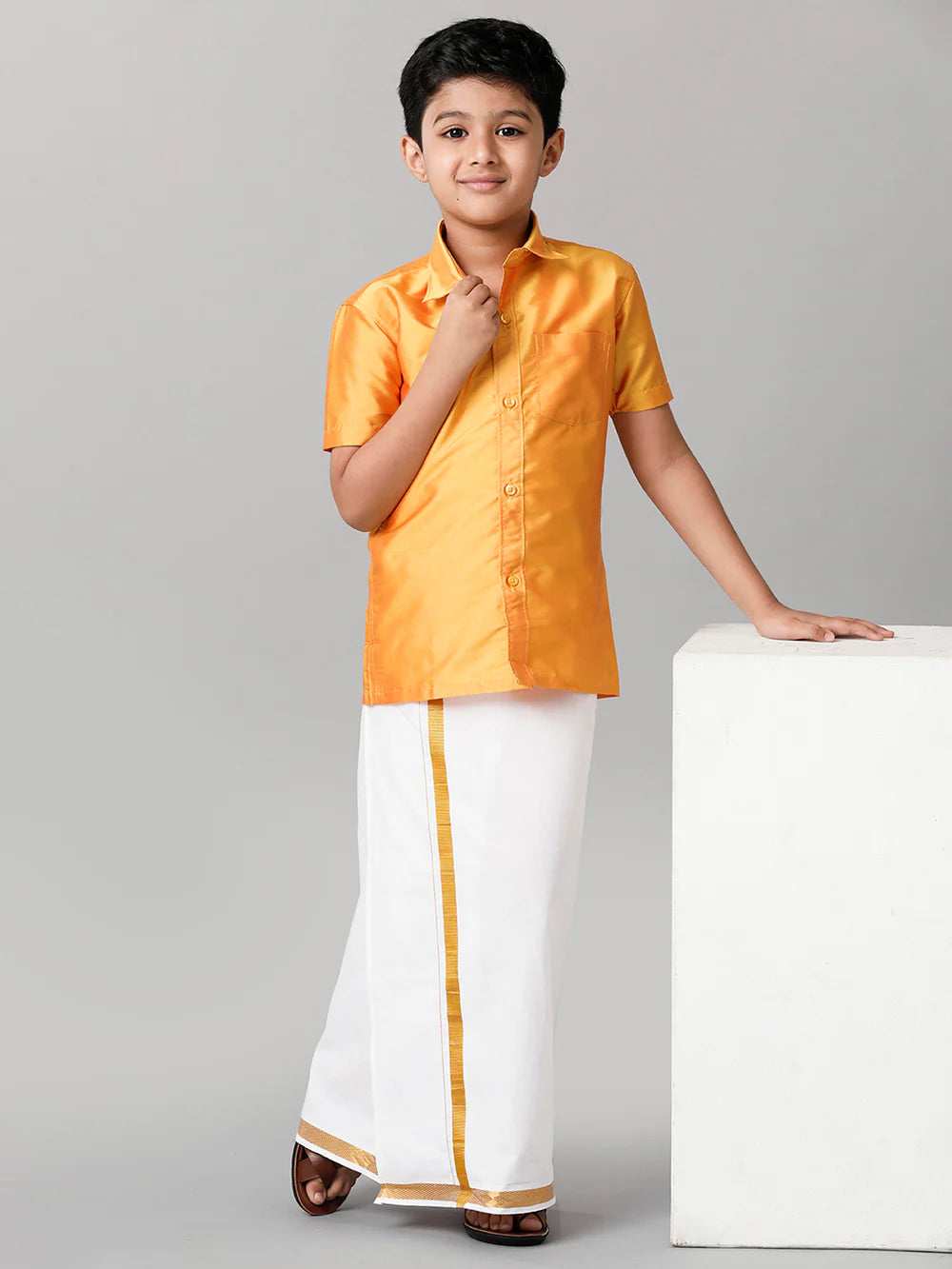 Ramraj Boys Yellow Half Sleeves Shirt with White Dhoti Combo K6