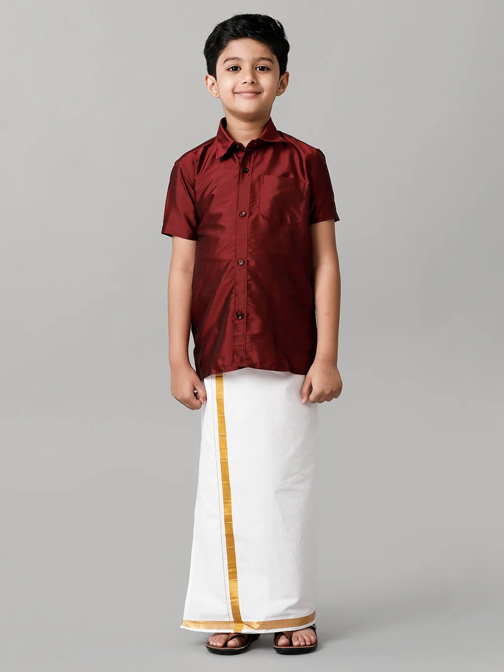 Ramraj Boys Maroon Half Sleeves Shirt with White Dhoti Combo K7