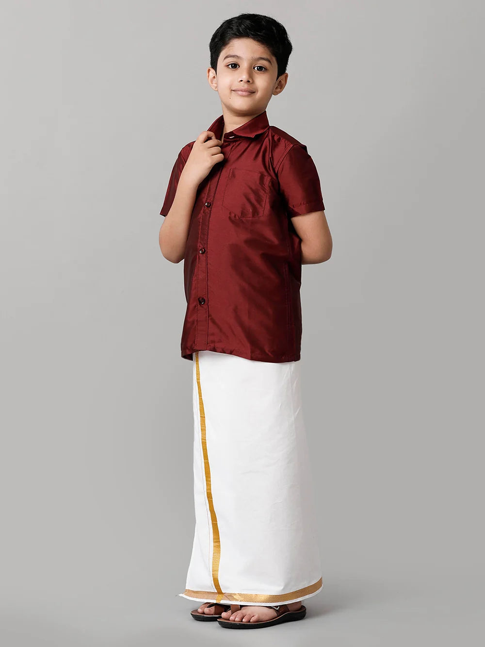 Ramraj Boys Maroon Half Sleeves Shirt with White Dhoti Combo K7