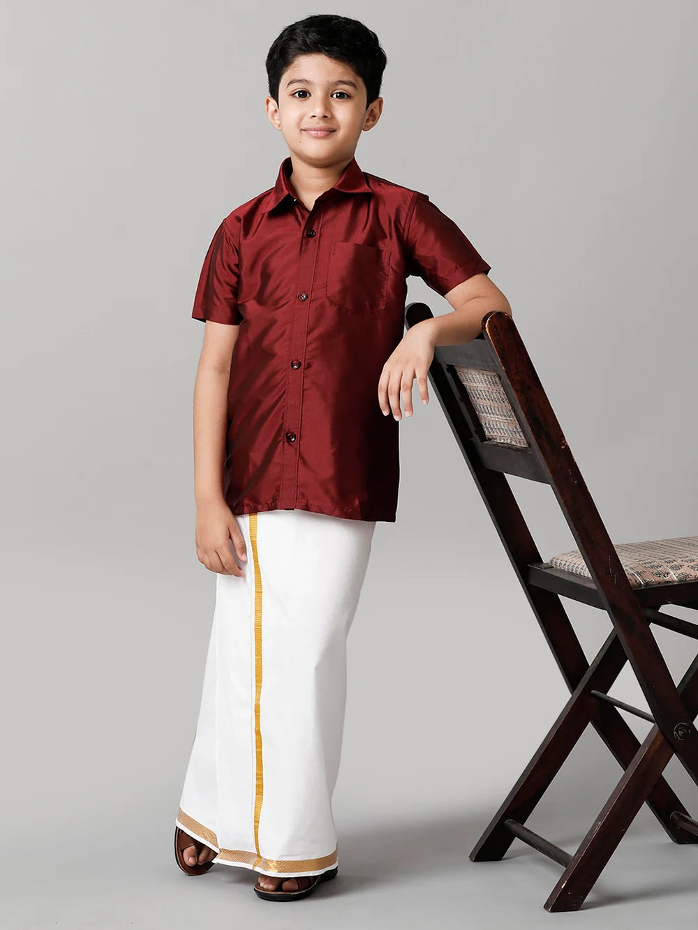 Ramraj Boys Maroon Half Sleeves Shirt with White Dhoti Combo K7