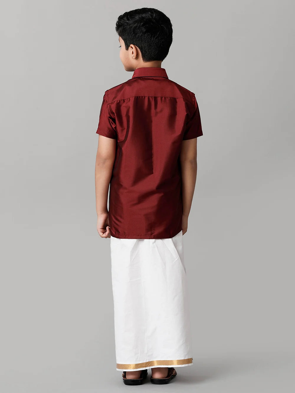 Ramraj Boys Maroon Half Sleeves Shirt with White Dhoti Combo K7