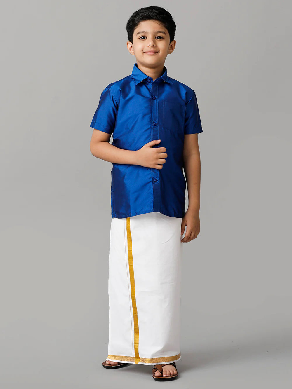 Ramraj Boys Blue Half Sleeves Shirt with White Dhoti Combo K5