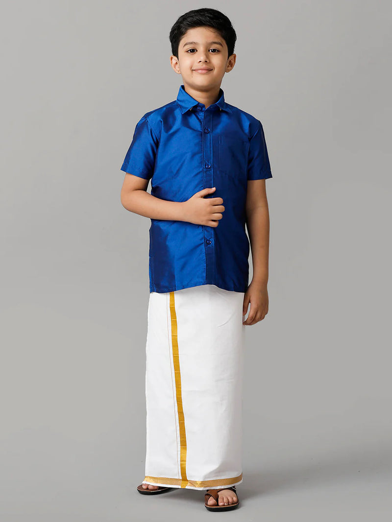 Ramraj Boys Blue Half Sleeves Shirt with White Dhoti Combo K5