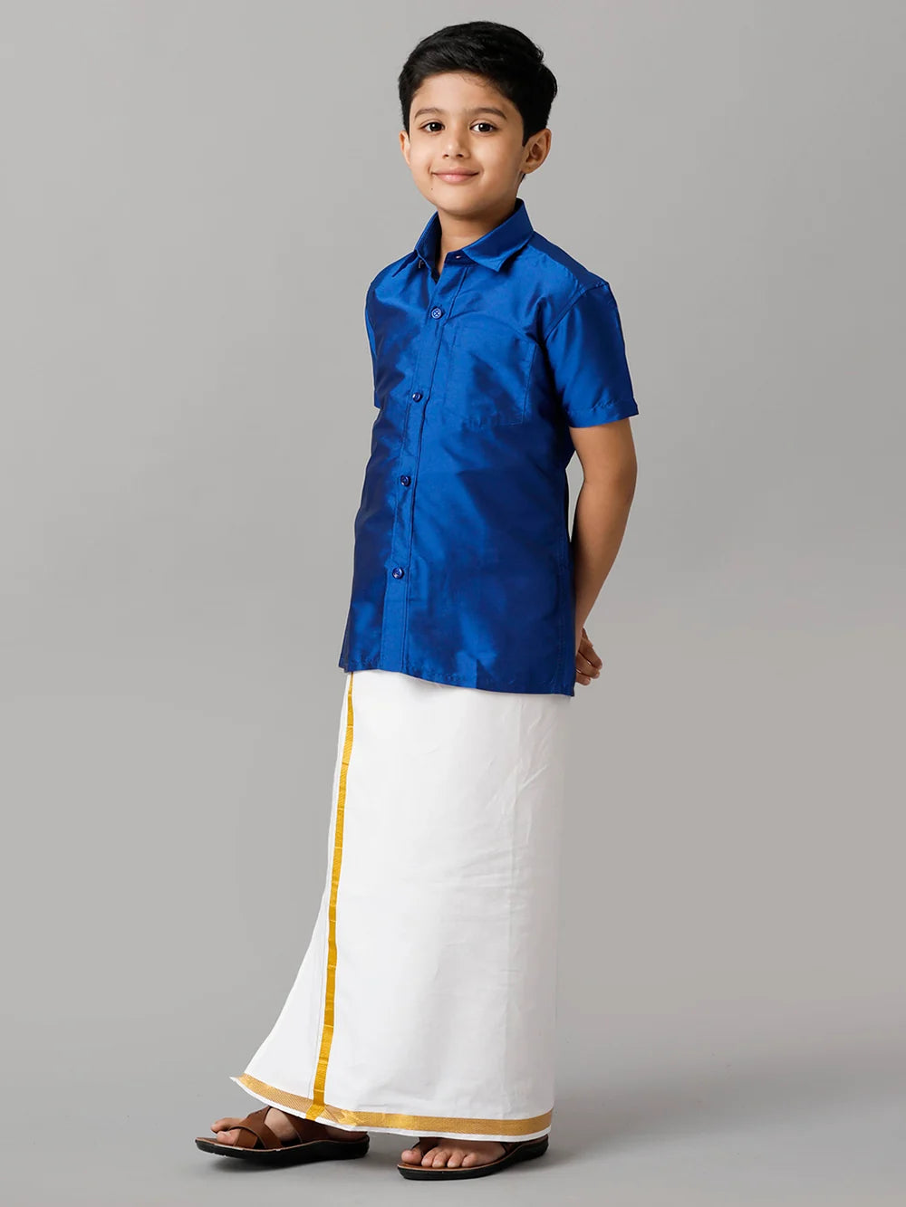 Ramraj Boys Blue Half Sleeves Shirt with White Dhoti Combo K5