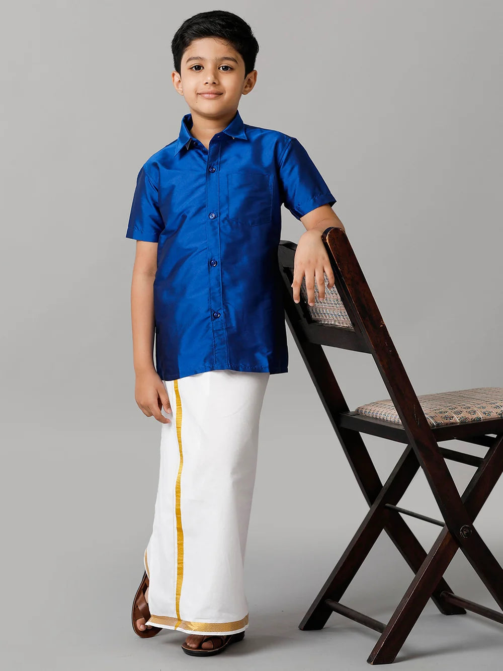 Ramraj Boys Blue Half Sleeves Shirt with White Dhoti Combo K5