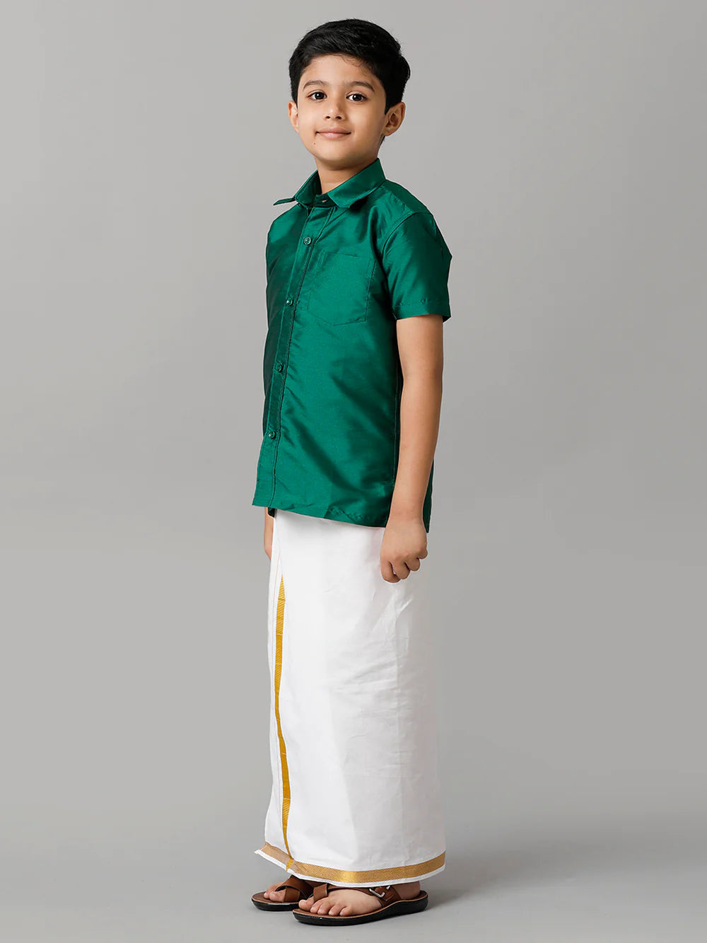 Ramraj Boys Green Half Sleeves Shirt with White Dhoti Combo K9