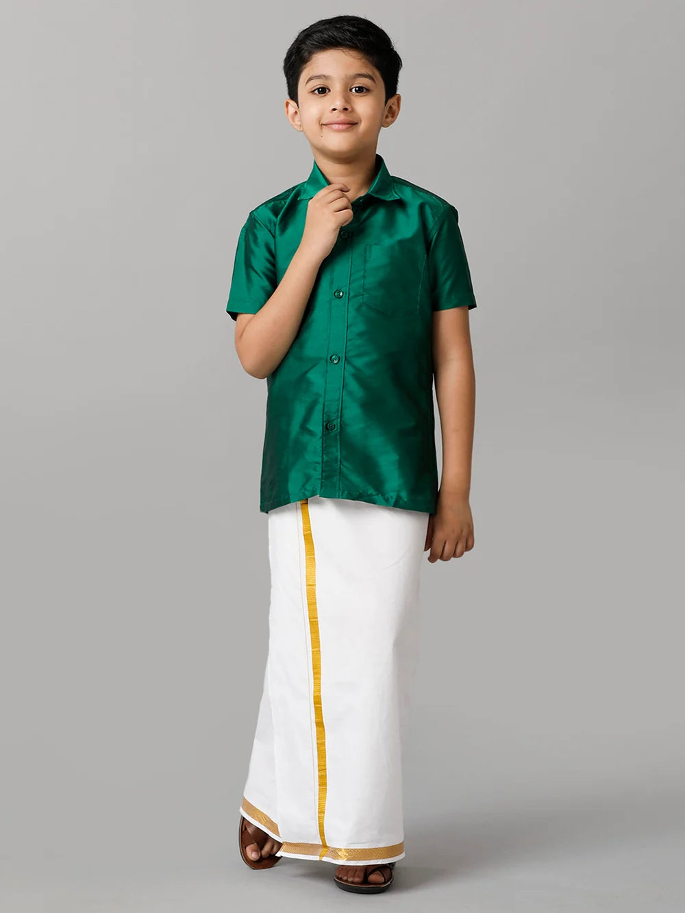 Ramraj Boys Green Half Sleeves Shirt with White Dhoti Combo K9