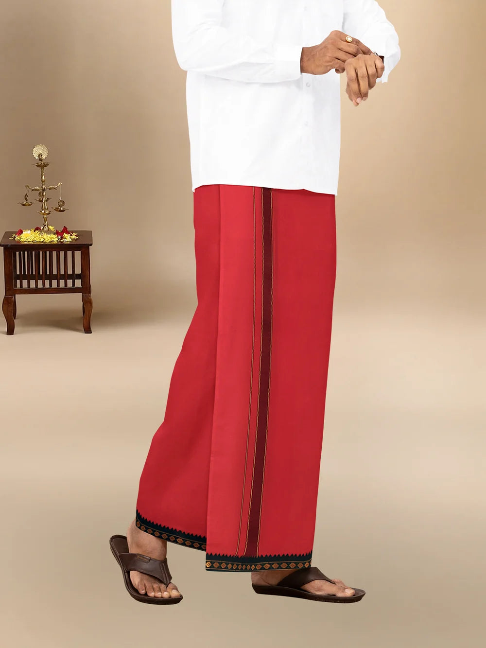 Ramraj Single Layer 100% Cotton Red 4 Way Dhoti with Mayilkhan Border - Slokam