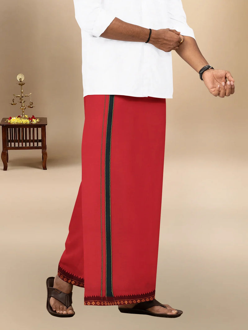 Ramraj Single Layer 100% Cotton Red 4 Way Dhoti with Mayilkhan Border - Slokam