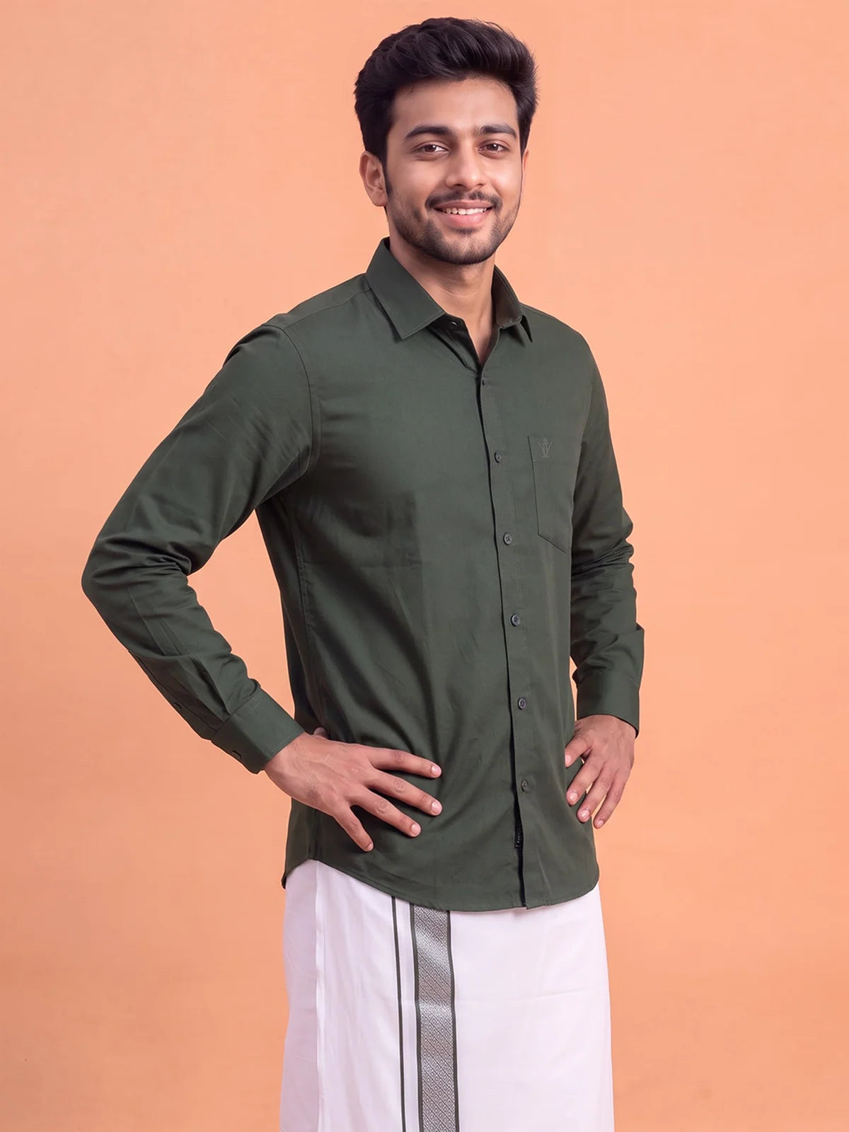 Ramraj Cotton CCB Luxury Dark Green Shirt and Colour Jari Border 4M Dhoti Set BT10