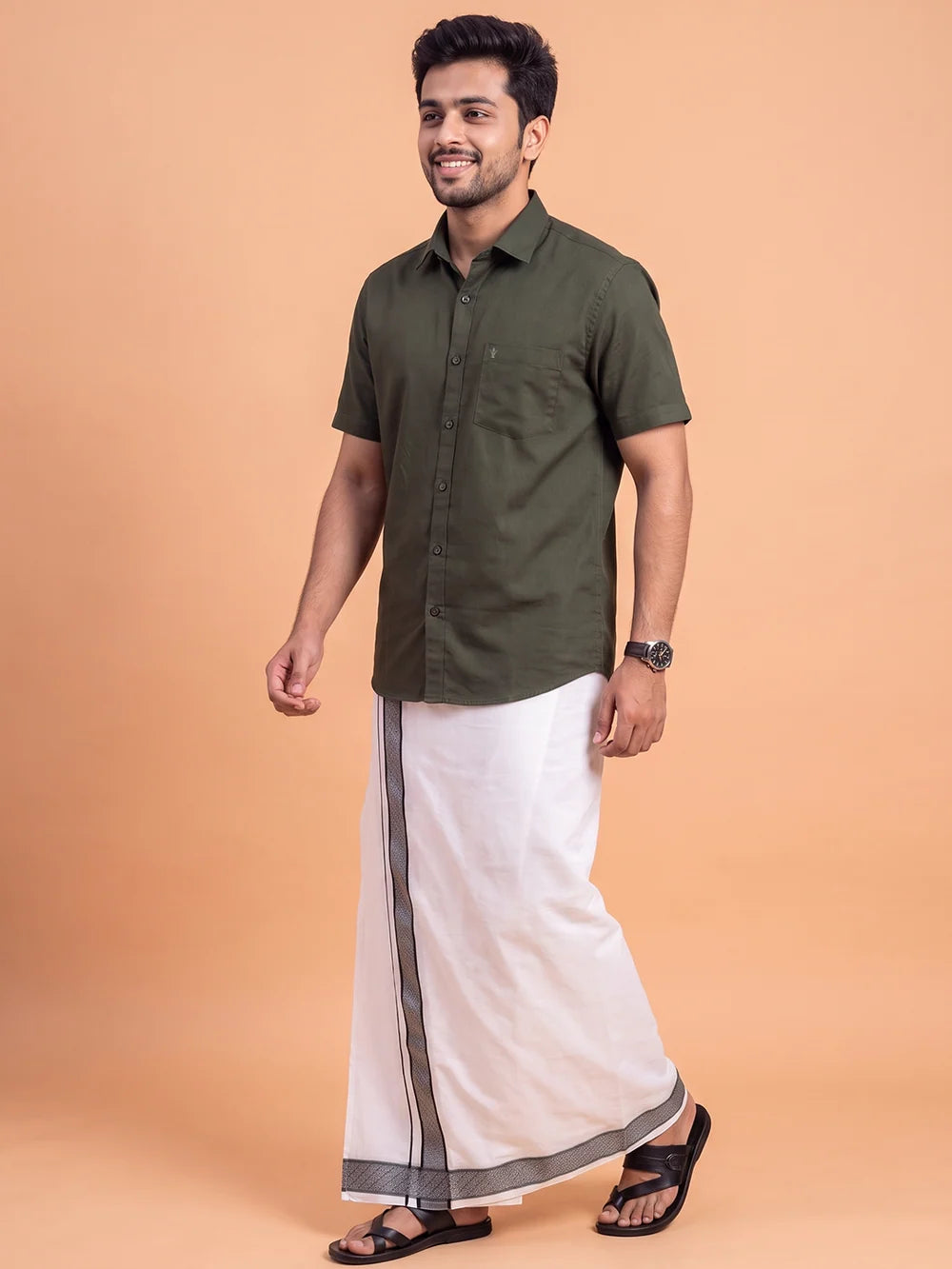 Ramraj Cotton CCB Luxury Dark Green Shirt and Colour Jari Border 4M Dhoti Set BT10